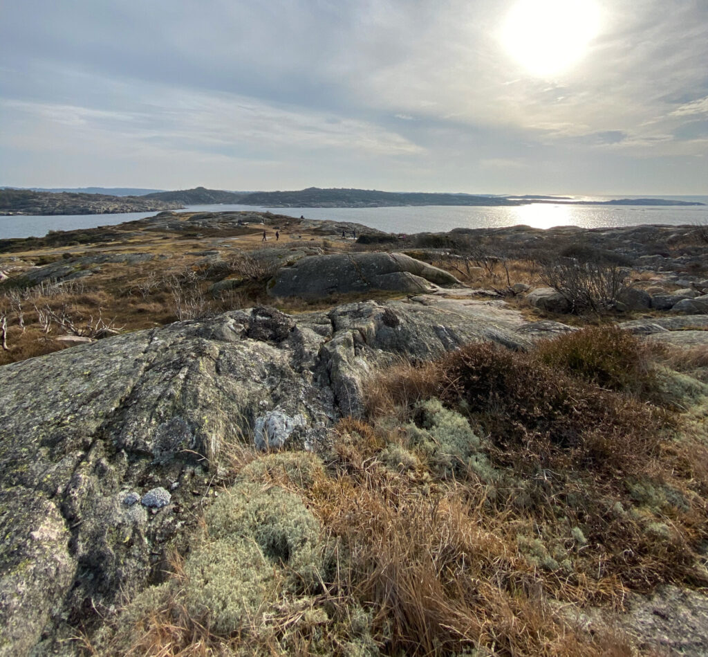 Foto på utsikt över hav, männickor och fastlandet.