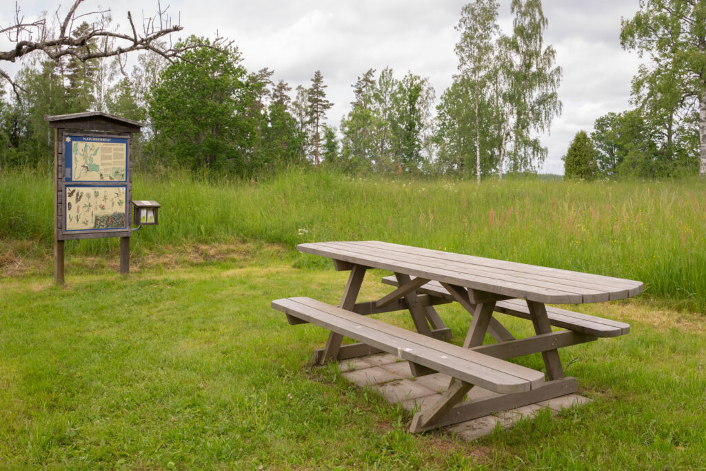 Bänk och infotavla. Foto.