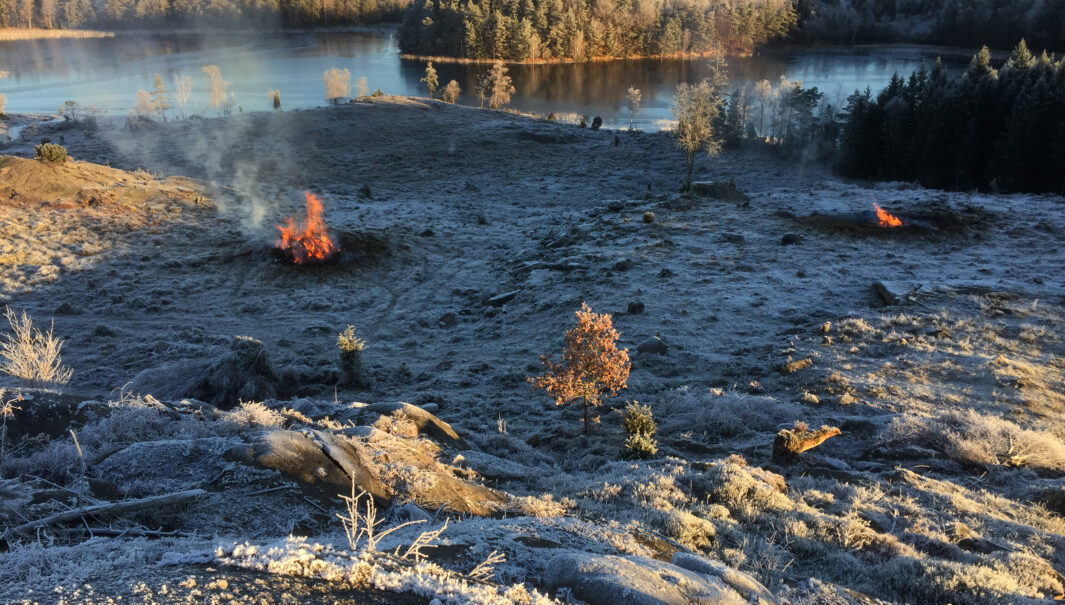 Utsikt över en sjö och på slyhögar som brinner.