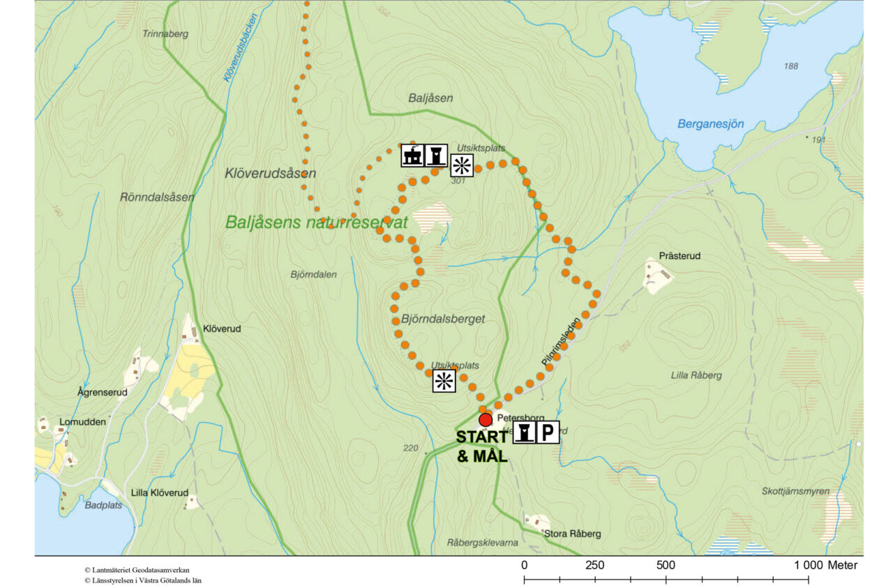Vandringsförslag i naturreservatet Baljåsen. Karta.