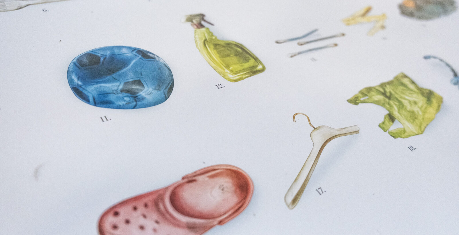 Närbild på affischen Fiskkartan. Man ser tops, en plastpåse, en trasig fotboll och mycket mer. Foto.