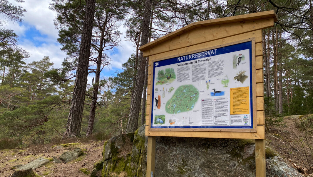 Foto på en skylt om naturreservaten i Risveden.