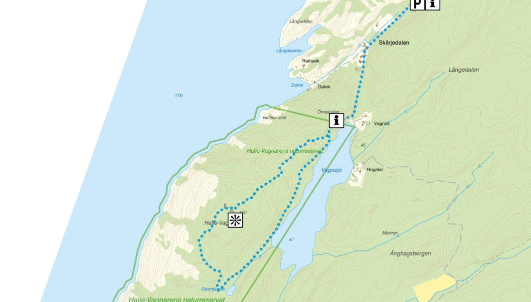 Vandringsförslag i naturreservatet Halle vagnaren. Karta.