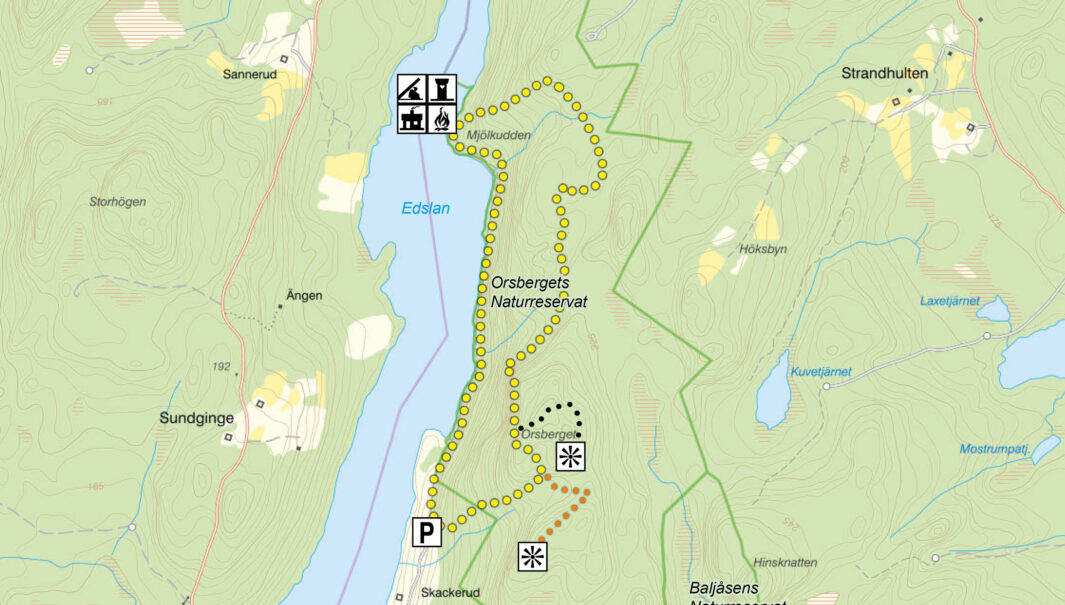 Vandringsförslag i naturreservatet Orsberget. Karta.