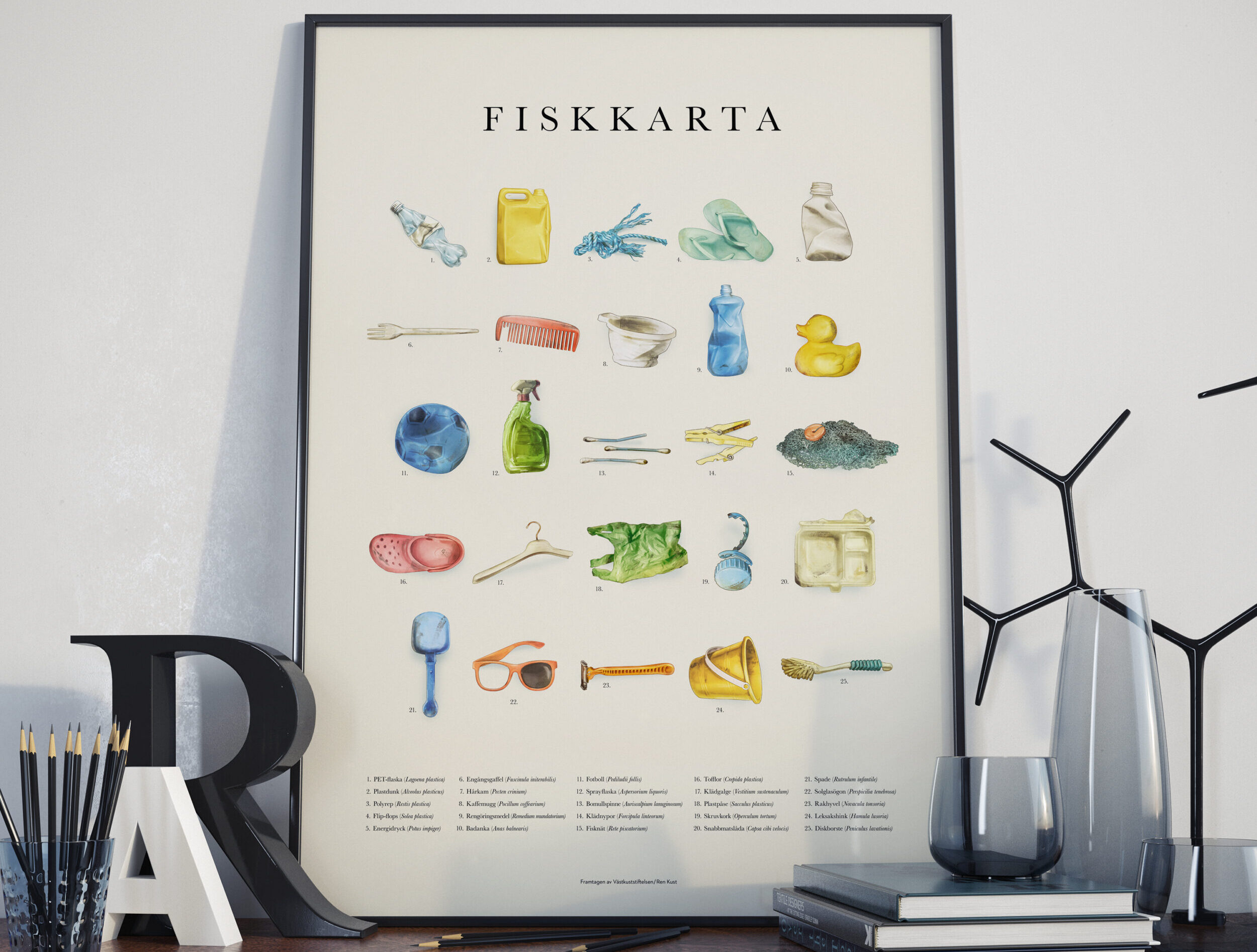 En inramad affisch med marint skräp på. Foto.