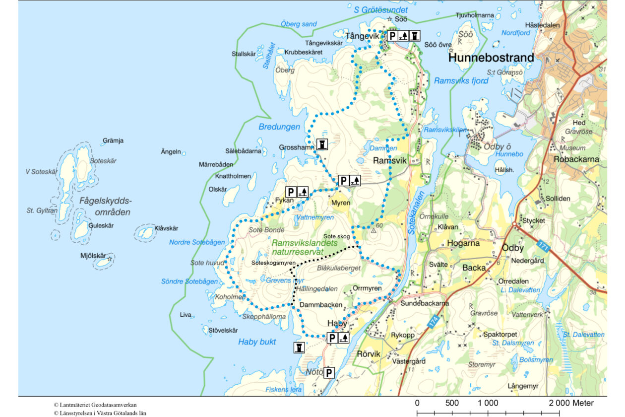 Vandringsförslag i naturreservatet Ramsvikslandet. Karta.