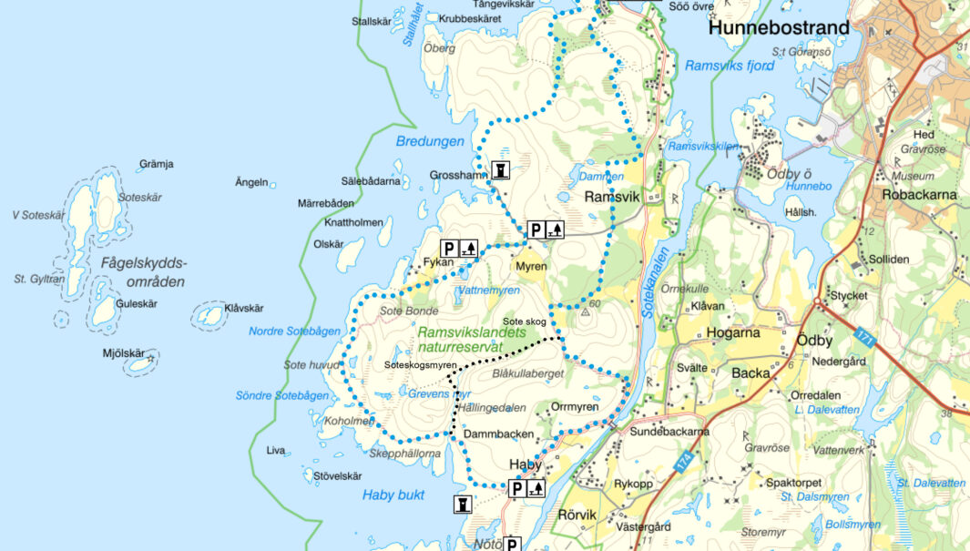 Vandringsförslag i naturreservatet Ramsvikslandet. Karta.