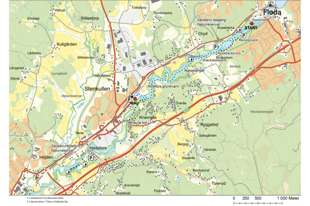 Vandringsförslag vid Säveån. Karta.