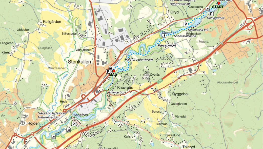Vandringsförslag vid Säveån. Karta.
