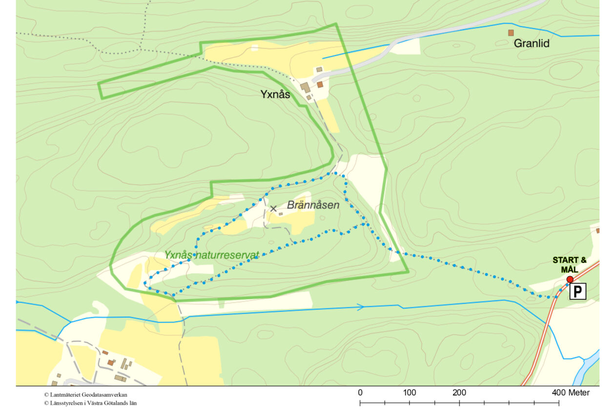 Vandringsförslag i Yxnås naturreservat. Karta.