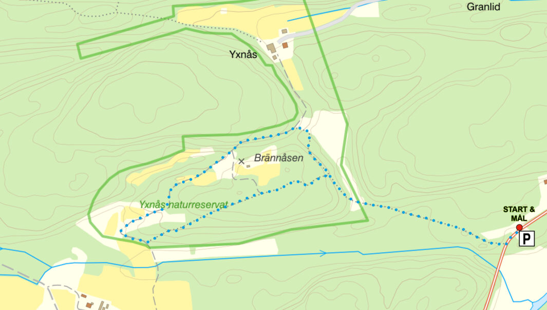 Vandringsförslag i Yxnås naturreservat. Karta.